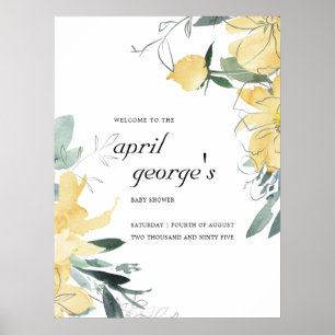 POSTER CHÁ DE FRALDAS FLORAL DE ÁGUA AMARELO ELEGANTE