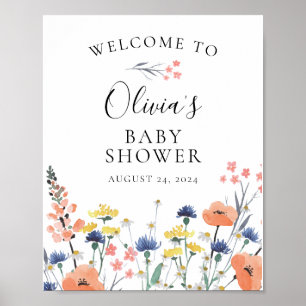Poster Chá de fraldas floral de aquarelas de flor selvage
