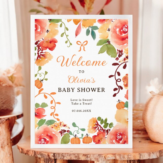 Poster Chá de fraldas floral de Boho-abóbora (Fall Boho pumpkin floral baby shower welcome Poster)