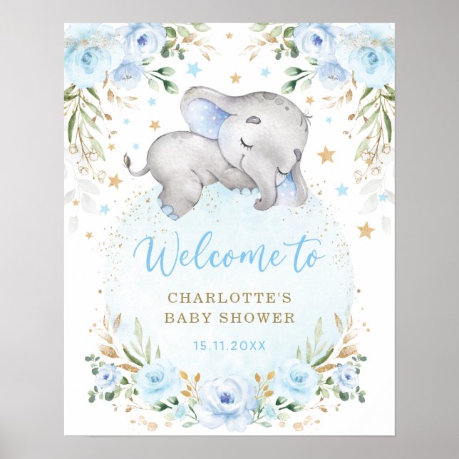 Poster Chá de fraldas Floral de Elefante Azul Dourado (Frente)