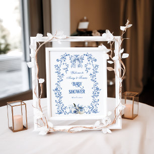 Poster Chá de fraldas Floral Dusty Blue Pumpkin Fall