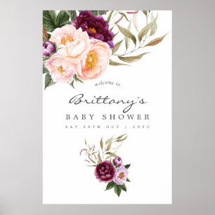 Poster Chá de fraldas Floral Peach e Burgundy Bem-vindo