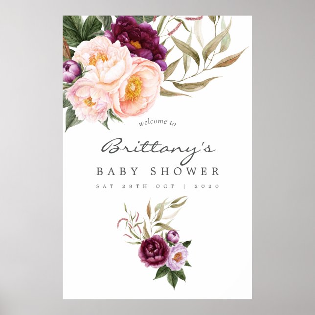 Poster Chá de fraldas Floral Peach e Burgundy Bem-vindo (Frente)