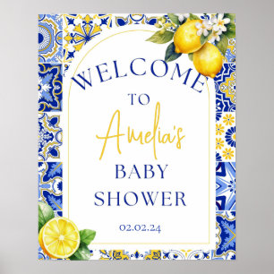 Poster Chá de fraldas italiano Azulejos azuis sinal de bo