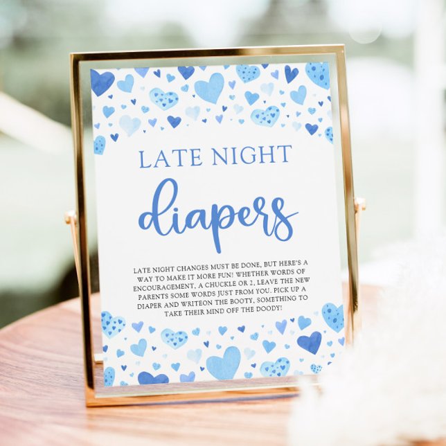 Poster Chá de fraldas Namorados Azul Fralda Noturna  (Watercolor Cute Blue Hearts Valentine Sweetheart Baby Boy Late Night Diapers Baby Shower Game Sign)