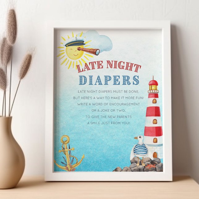 Poster Chá de fraldas Náutico Cinto Fraldas Noturnas Tard (Late Night Diaper Game Sign from my Ahoy it's a boy Nautical Baby Shower collection)