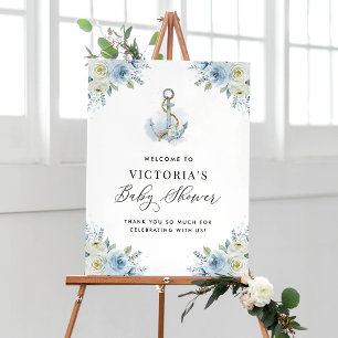 Poster Chá de fraldas Náutico Floral Azul e Branco Bem-vi