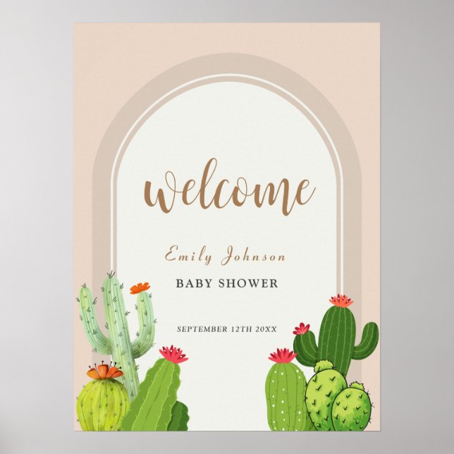 Poster Chá de fraldas Neutral Boho Cactus Arch Bem-vindo (Frente)