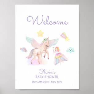 Poster Chá de fraldas Pastel Purple Princess Unicorn Bem-