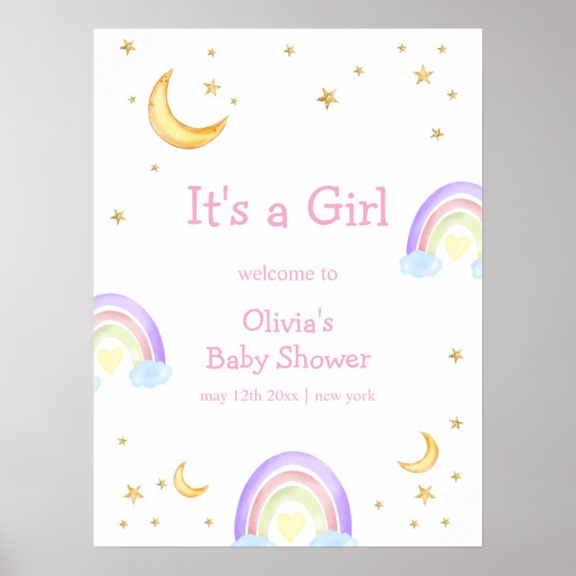 Poster Chá de fraldas Pastel Rainbow Moon Star Bem-vindo (Frente)