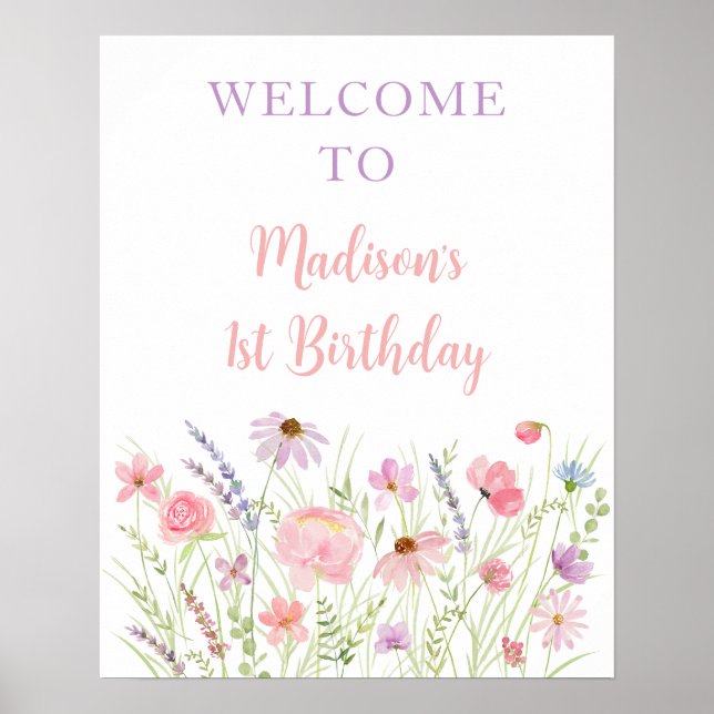Poster Chá de fraldas Pink Pastel Wildflower Meadow Bem-v (Frente)