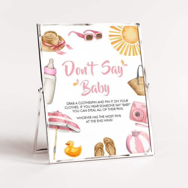 Poster Chá de fraldas Pink Splish Splash Não Diga Bebê (Girl Summer Beach Baby Shower Don't Say Baby Sign)