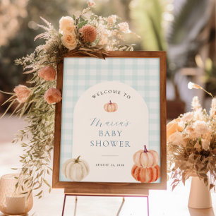 Poster Chá de fraldas Pumpkin Blue Gingham Welcome