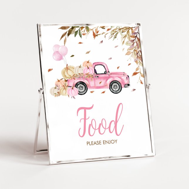 Poster Chá de fraldas Pumpkin Pink Truck (Little Pumpkin Pink Truck Baby Shower Food Sign)