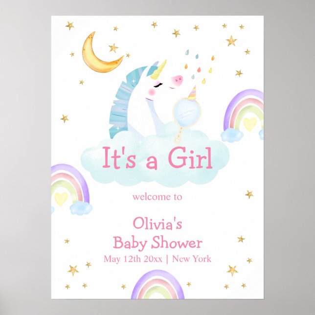 Poster Chá de fraldas Rainbow Moon Star Unicorn Bem-vindo (Frente)