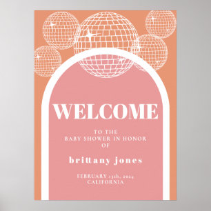 Poster Chá de fraldas Retro Disco Rosa e Laranja