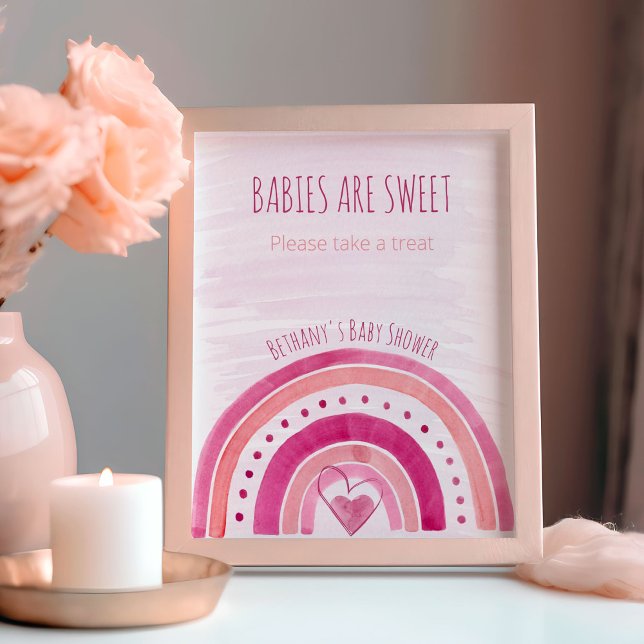 Poster Chá de fraldas Rosa-Arco-Íris Favorecer Sinal de M (Rainbow baby shower favor table sign - babies are sweet, please take a treat - fully editable)
