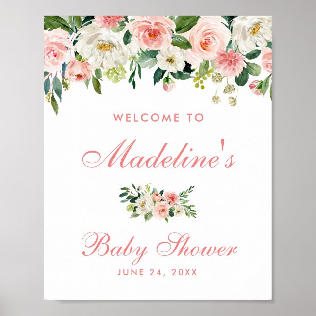 Poster Chá de fraldas Rosa Blush Floral Bem-vindo (Frente)