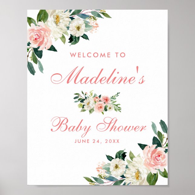 Poster Chá de fraldas Rosa Blush Floral Bem-vindo (Frente)