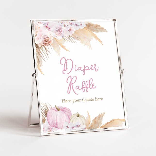Poster Chá de fraldas Rosa Boho Pumpkin Raffle Fralda (Boho Pampas Grass Baby Shower Diaper Raffle Sign)