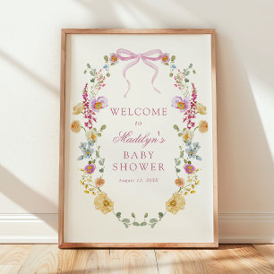 Poster Chá de fraldas rosa bonito de flor silvestre, cor-