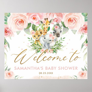 Poster Chá de fraldas Rosa Floral Selva Animais Bem-Vind