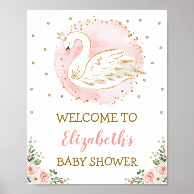 Poster Chá de fraldas Rosa Floral Swan Princesa Boas-vind (Frente)