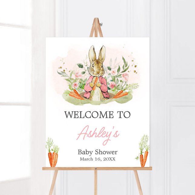 Poster Chá de fraldas Rosa Peter Rabbit Bem-vindo (A Little Bunny Spring Baby Shower Welcome Sign)