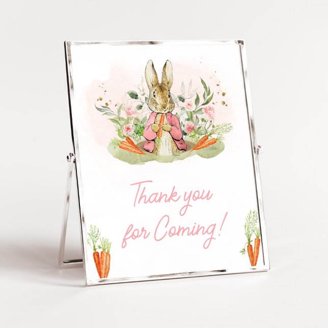 Poster Chá de fraldas rosa Peter Rabbit Obrigado por vir (A Little Bunny Spring Baby Shower Thank you for Coming Sign)