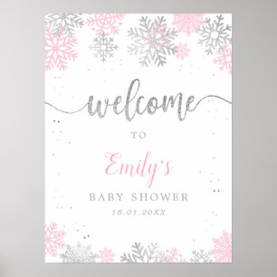 Poster Chá de fraldas Rosa Silver Snowflakes Boas-vindas