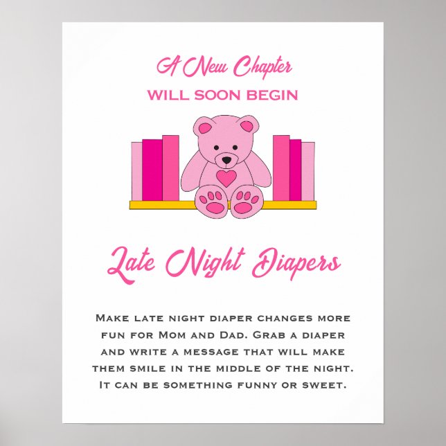 Poster Chá de fraldas Rosa Teddy Bear Fraldas Noturnas Ta (Frente)