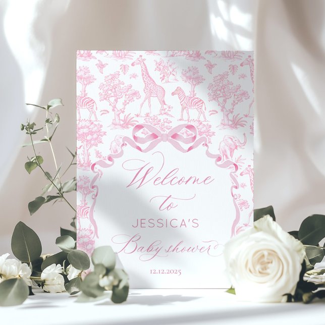 Poster Chá de fraldas Rosa Toile de Jouy Safari bem-vindo (Criador carregado)