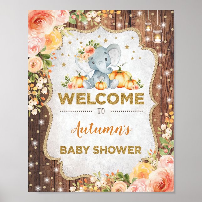 Poster Chá de fraldas Rustic Fall Floral Elephant Welcome (Frente)