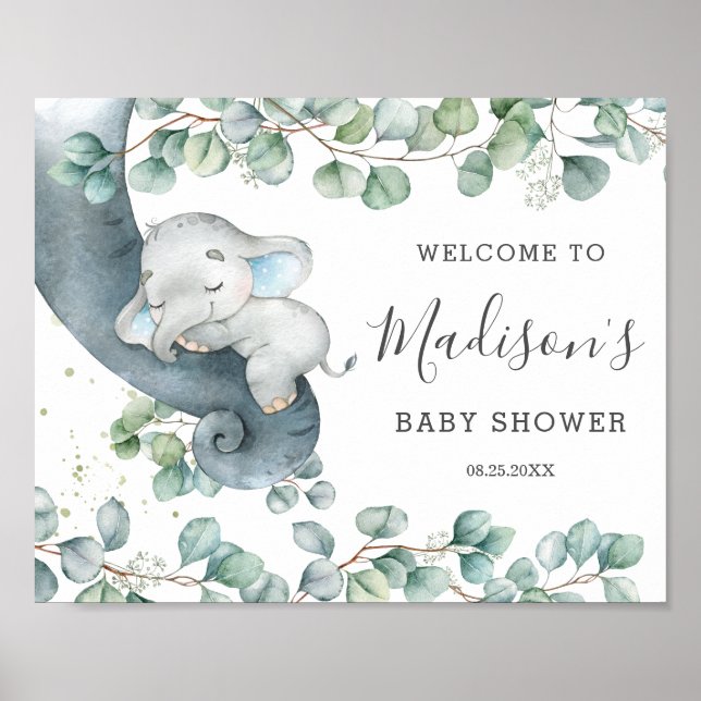 Poster Chá de fraldas Rustic Greenery Cute Elephant Welco (Frente)
