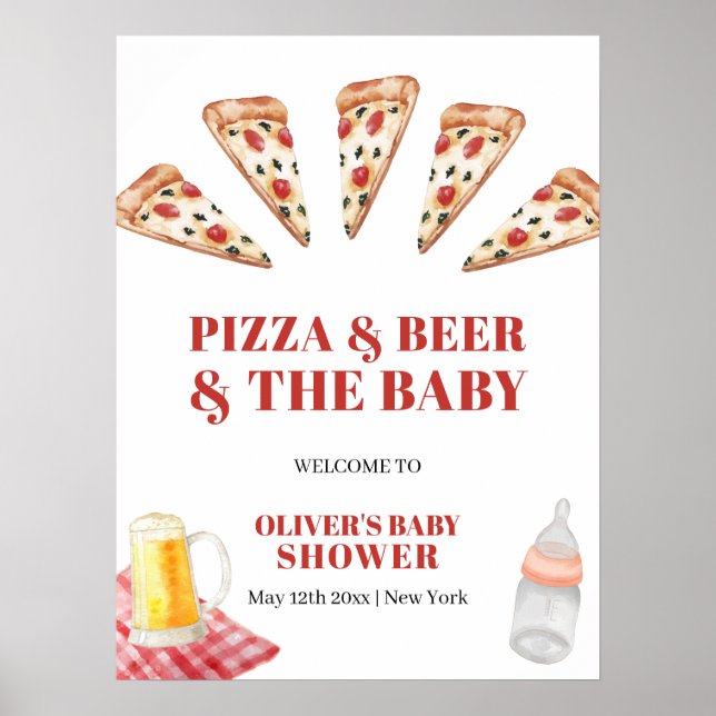 Poster Chá de fraldas Rustic Modern Pizza Beers Bem-Vindo (Frente)
