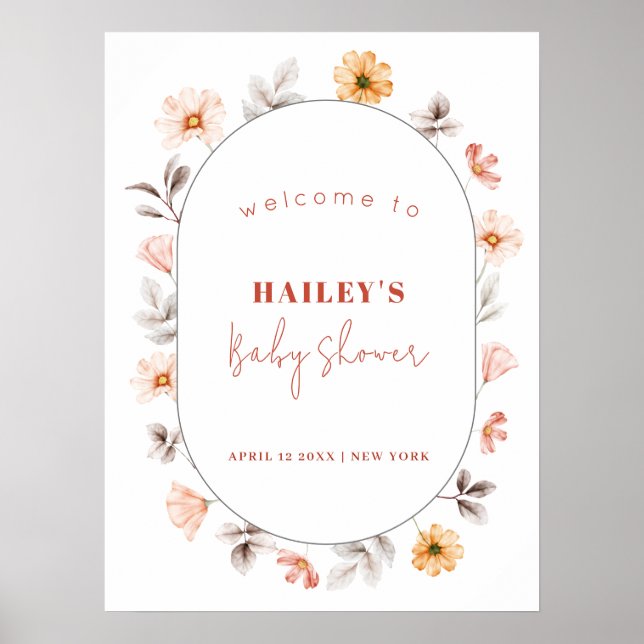 Poster Chá de fraldas Simples de Boho Wildflower Frame (Frente)