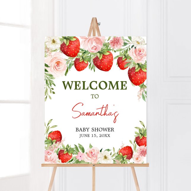 Poster Chá de fraldas Strawberry Bem-vindo (Pink Floral Strawberry Baby Shower Welcome Sign)