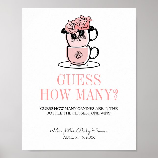 Poster Chá de fraldas Teacup & Flowers Adivinha Quantos J (Frente)