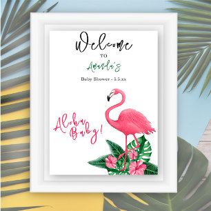 Poster Chá de fraldas Tropical Rosa Flamingo Aloha - Bem-