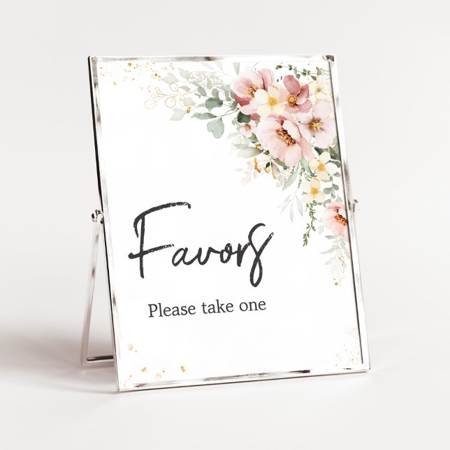 Poster Chá de fraldas Verde-Flor-Rosa Dusty Favorece (Dusty Pink Floral Baby Shower Favors Sign)