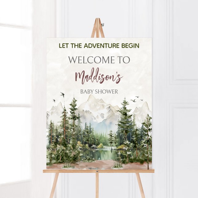 Poster Chá de fraldas Woodland Mountain (Let The Adventure Begin Baby Shower Welcome Sign )