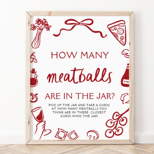 Poster Chá de Noiva Advinhe Quantas Almôndegas Desenhadas (Hand Drawn Guess How Many Meatballs Bridal Shower Sign)