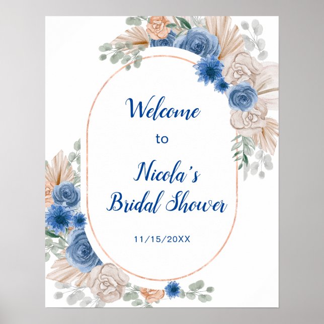 Poster Chá de Noiva Azul Boho com Grama de Pampas (Frente)