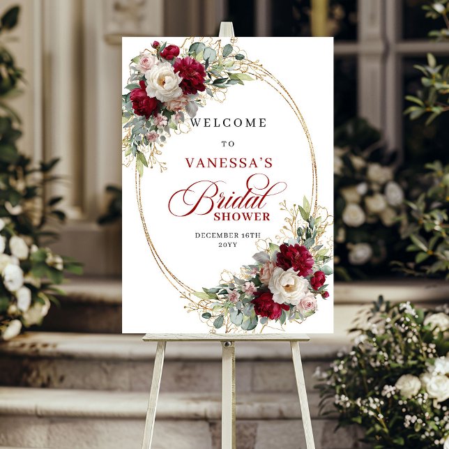 Poster Chá de Noiva Boho Borgonha Floral Dourado Bem-vind (Boho Burgundy Floral Gold Bridal Shower Welcome)