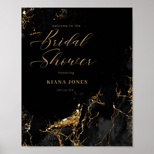 Poster Chá de Noiva Brilho de Mármore Preto Dourado ID644 (Frente)