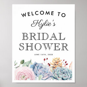 Poster Chá de Noiva Floral Suculento Vintage Bem-Vindo