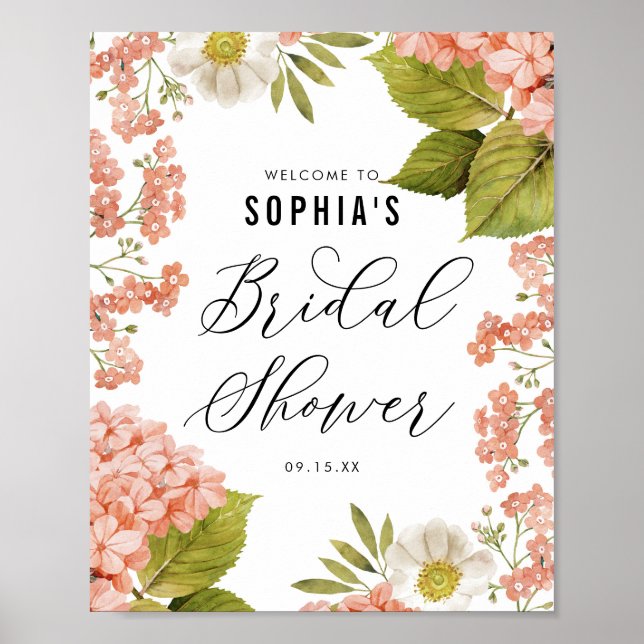 Poster Chá de Noiva Rustico de Hortênsias em Aquarela Cor (Frente)