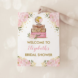 Poster Chá de Noiva Viagem Aventura Floral Dourado Rosado