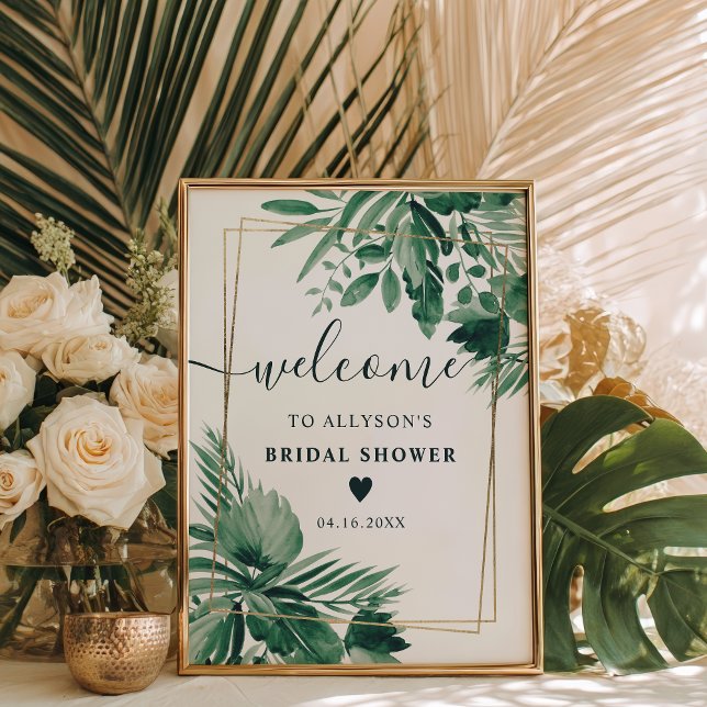 Poster Chá de panela de aquarela tropical (Tropical greenery watercolor bridal shower welcome poster)