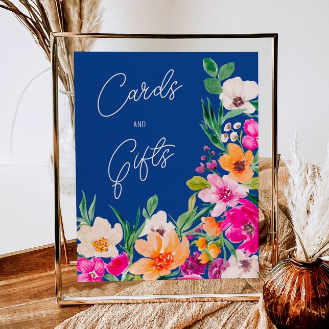 Poster Chá de panela de boas-vindas de flores corajosas (Bright bold wild flowers welcome bridal shower poster on blue)